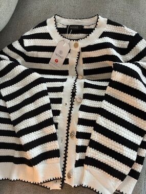 Chunky Black and White Striped Knit Cardigan Large Nice and Thick